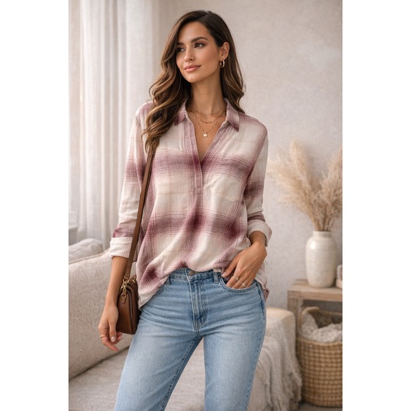 Madewell Plaid Popover Shirt Women's Medium NWT Burgundy Cream Lightweight Top - Picture 1 of 8